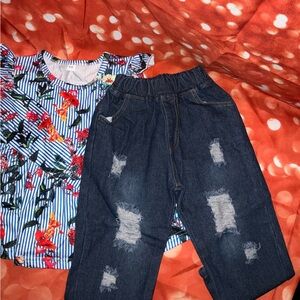 Long sleeves floral top +distressed jeans set, for toddler girl 3-4T, brand new!